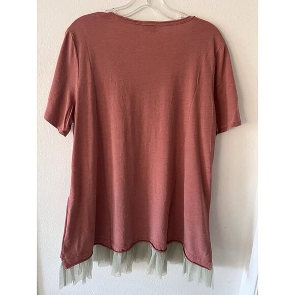 LOGO Lori Goldstein Jersey Fairy Top Raw Edge & Ruffle Light Rust XL Casual NEW - Picture 6 of 8